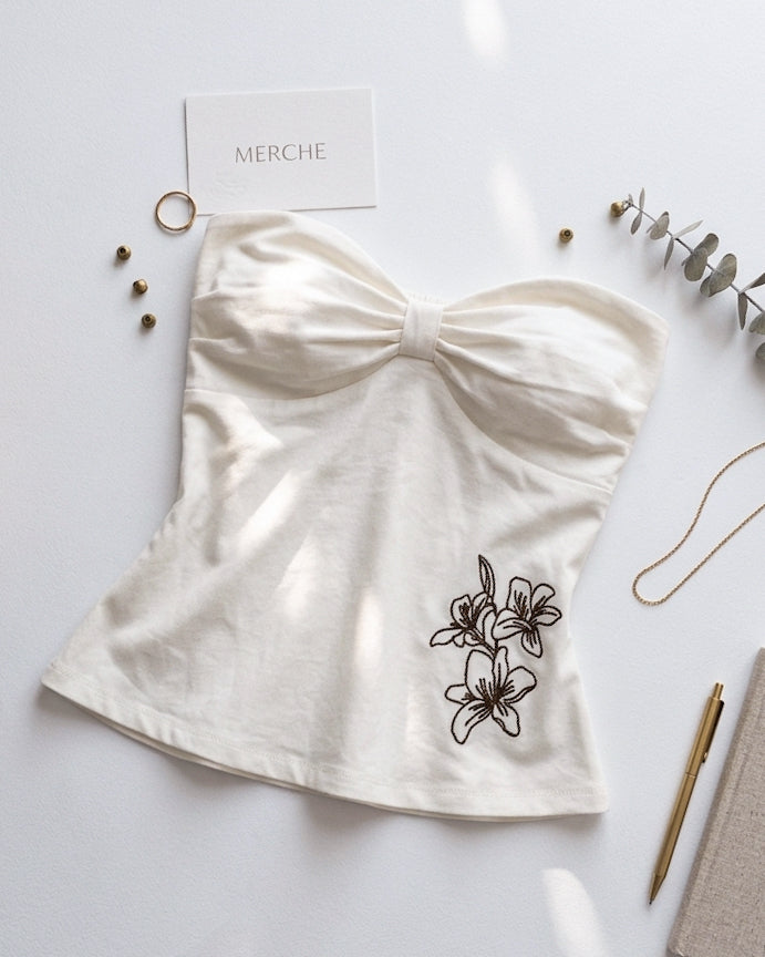 BEACH BABE TWISTED STRAPLESS EMBROIDERED WHITE TUBE TOP