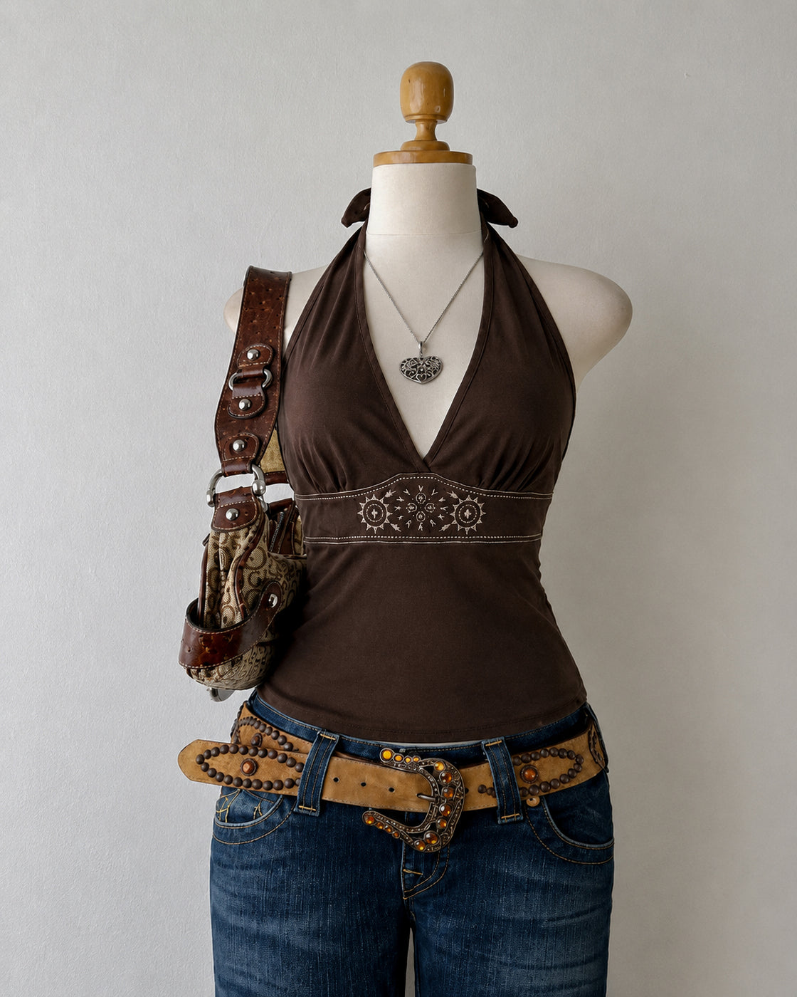 BOHO BABE EMBROIDERED BROWN HALTERNECK TOP