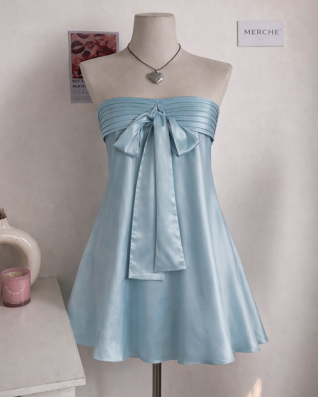 NO CROWN NEEDED SATIN POWDER BLUE BANDEAU DRESS