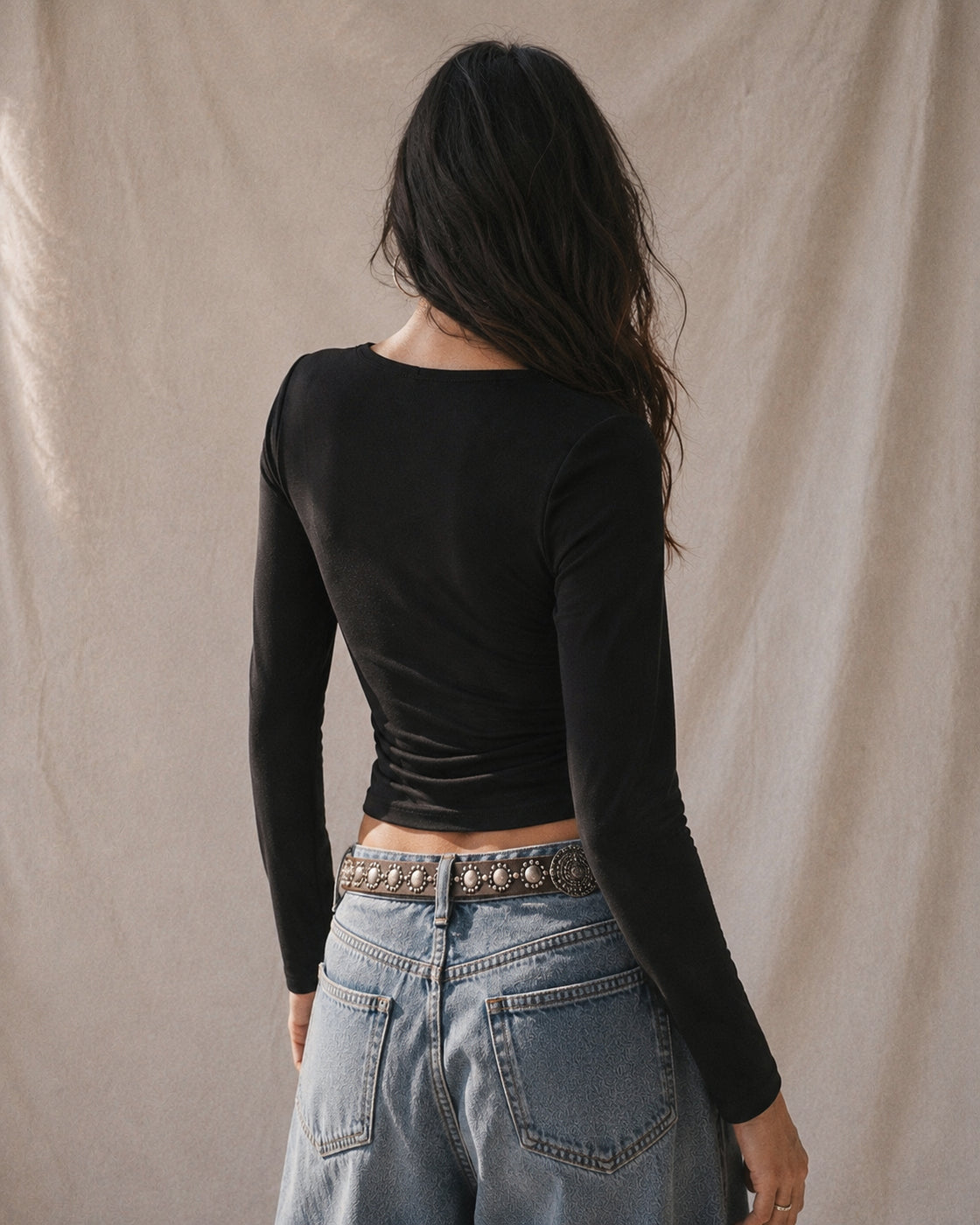 FROM A ROMCOM RHINESTONE EMBELLISHED BLACK LUXE TOP
