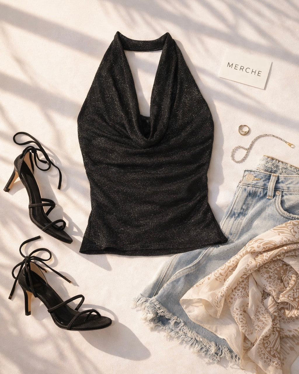 LALA LAND SHIMMER BOW-BACK COWL HALTERNECK TOP