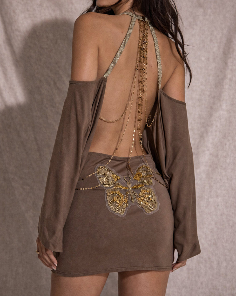 ICONS ONLY EMBELLISHED OPEN-BACK EMBROIDERED BROWN DRESS