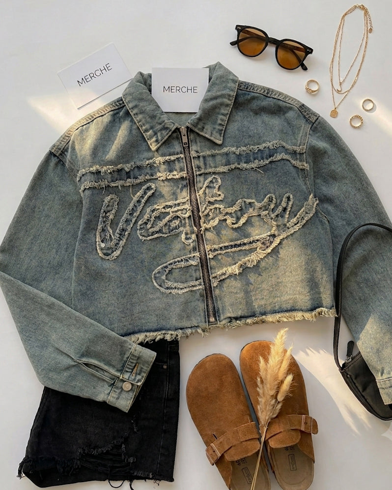 THERE’S VICTORY ALL OVER BABE, ZIP-UP DENIM JACKET