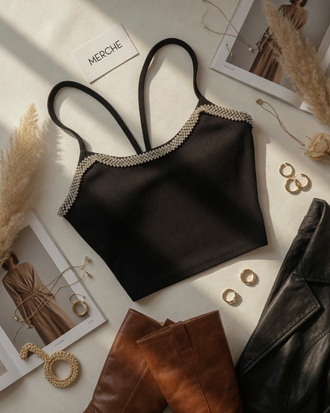 SICILY NIGHT RHINESTONE EMBELLISHED BLACK TOP