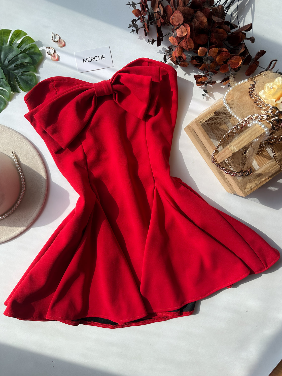 PRIVATE SOIREE LUXE RED BANDEAU FLARE DRESS