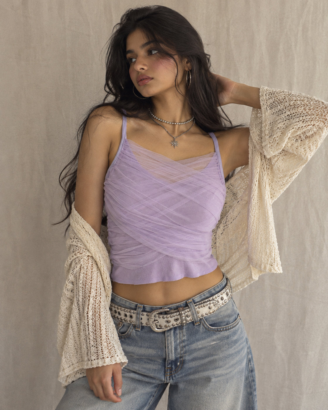 WINGS OF MINE MESH DRAPE LILAC CAMI TOP