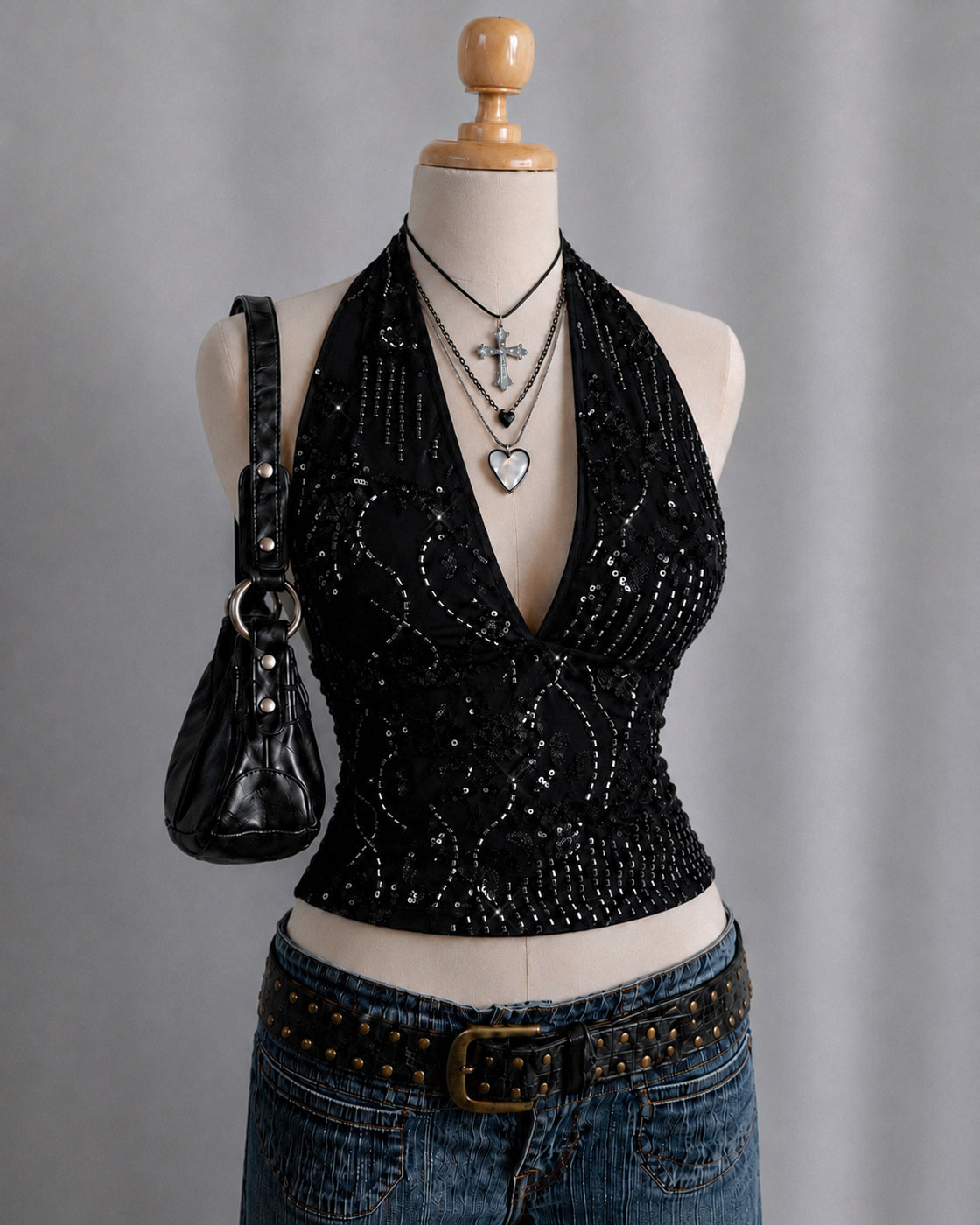 FUEL MY SASS EMBROIDERED BLACK HALTERNECK TOP
