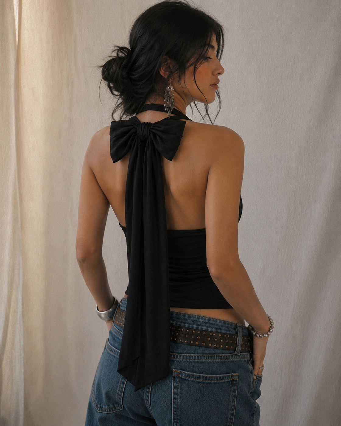PAST LIFE LONG STRAPS MASSIVE BOW BLACK HALTERNECK TOP