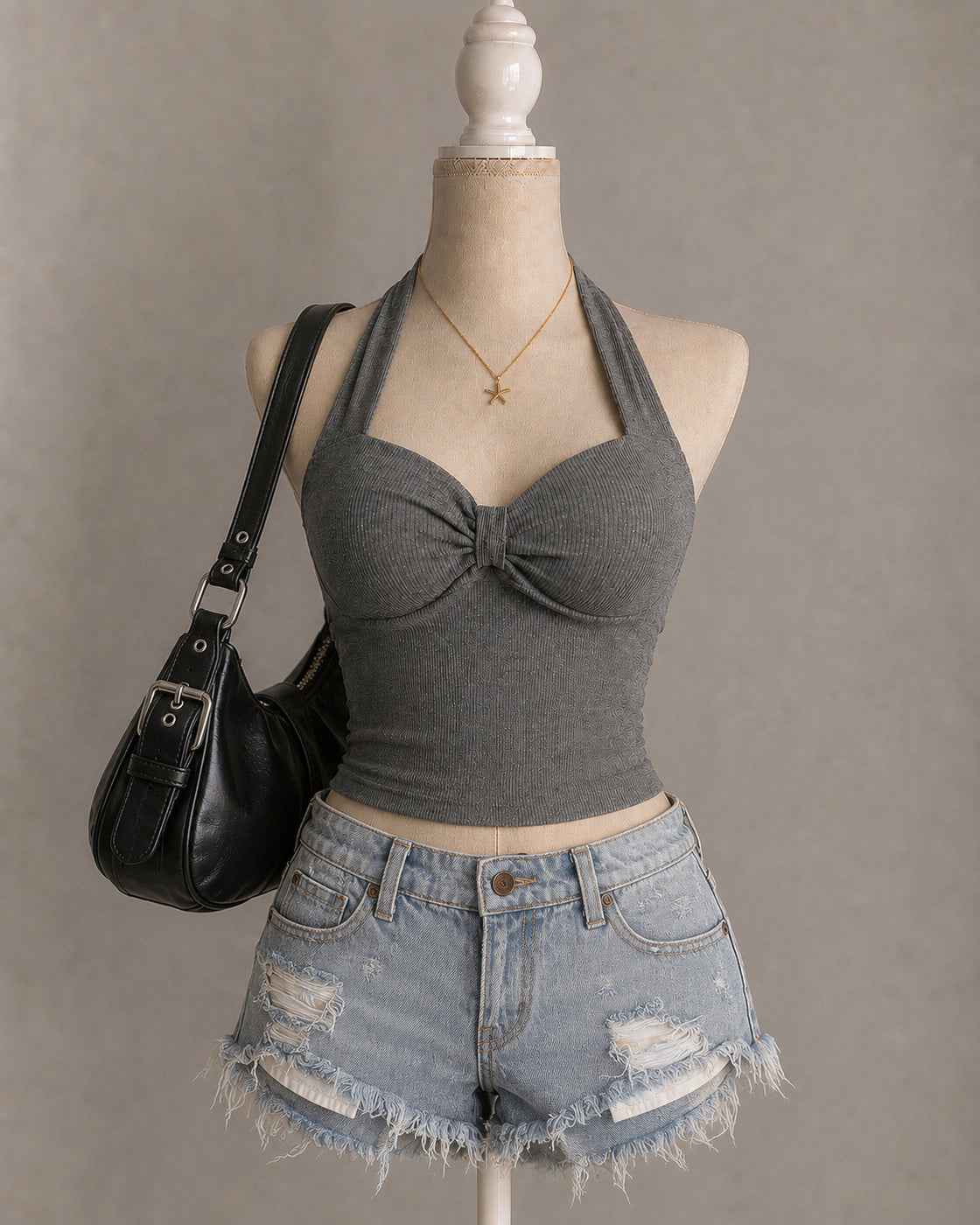 PEOPLE PLEASER PADDED GREY HALTERNECK TOP
