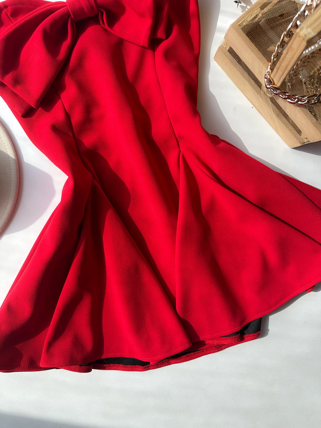 PRIVATE SOIREE LUXE RED BANDEAU FLARE DRESS