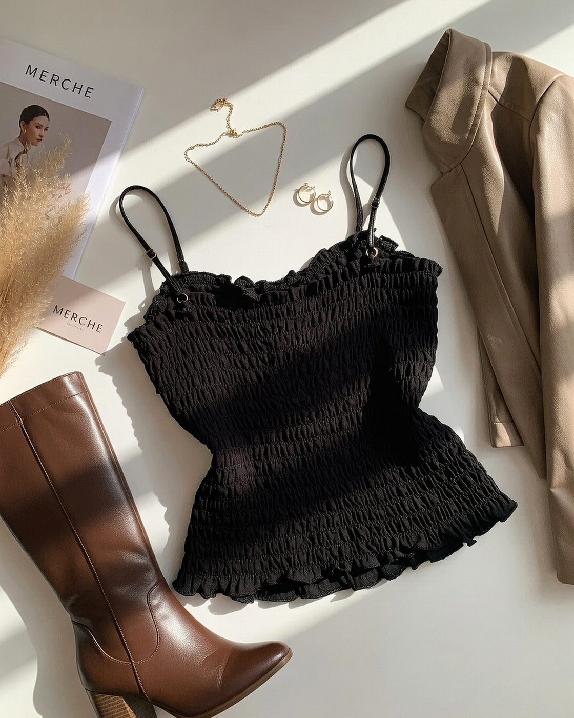 MOVIE NIGHT PADDED MESH DETAIL BLACK CAMI TOP