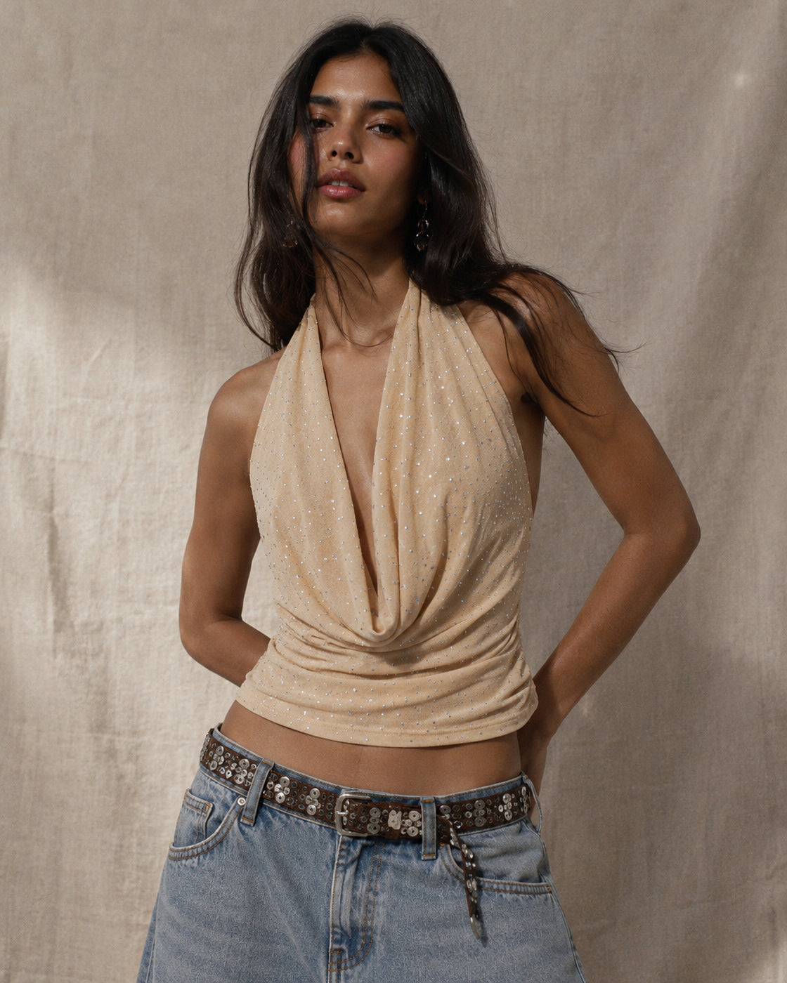 PHI PHI NIGHTS RHINESTONE EMBELLISHED BEIGE HALTERNECK TOP