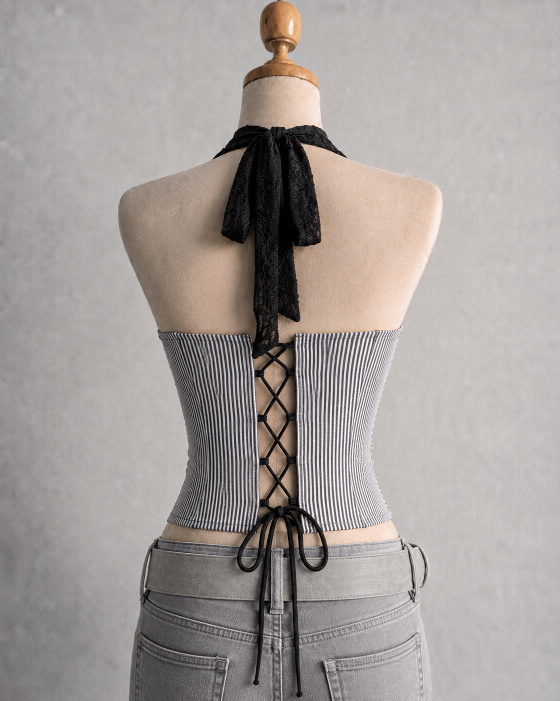 FAN CLUB LACE AND STRIPES CORSETED HALTERNECK TOP