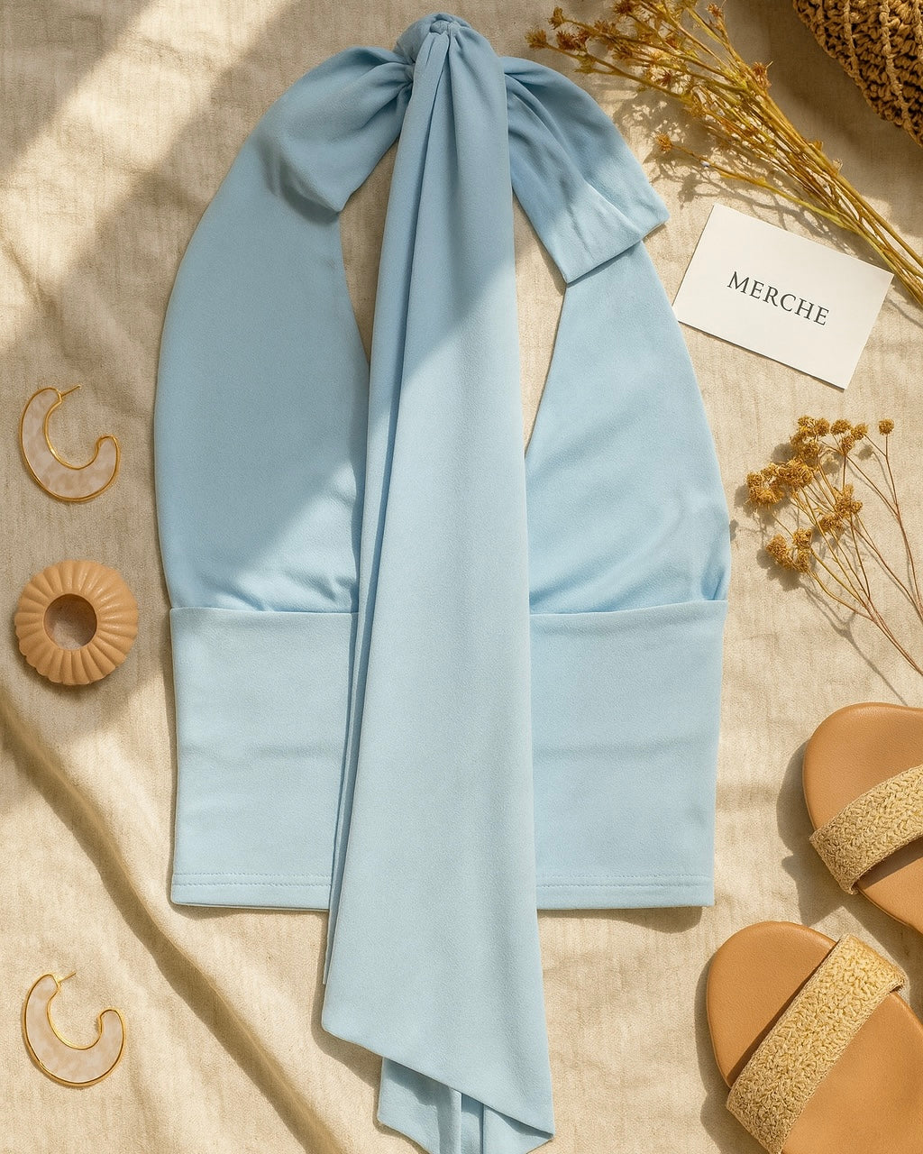 PAST LIFE BLUE LUXE DRAMA STRAPS HALTERNECK TOP