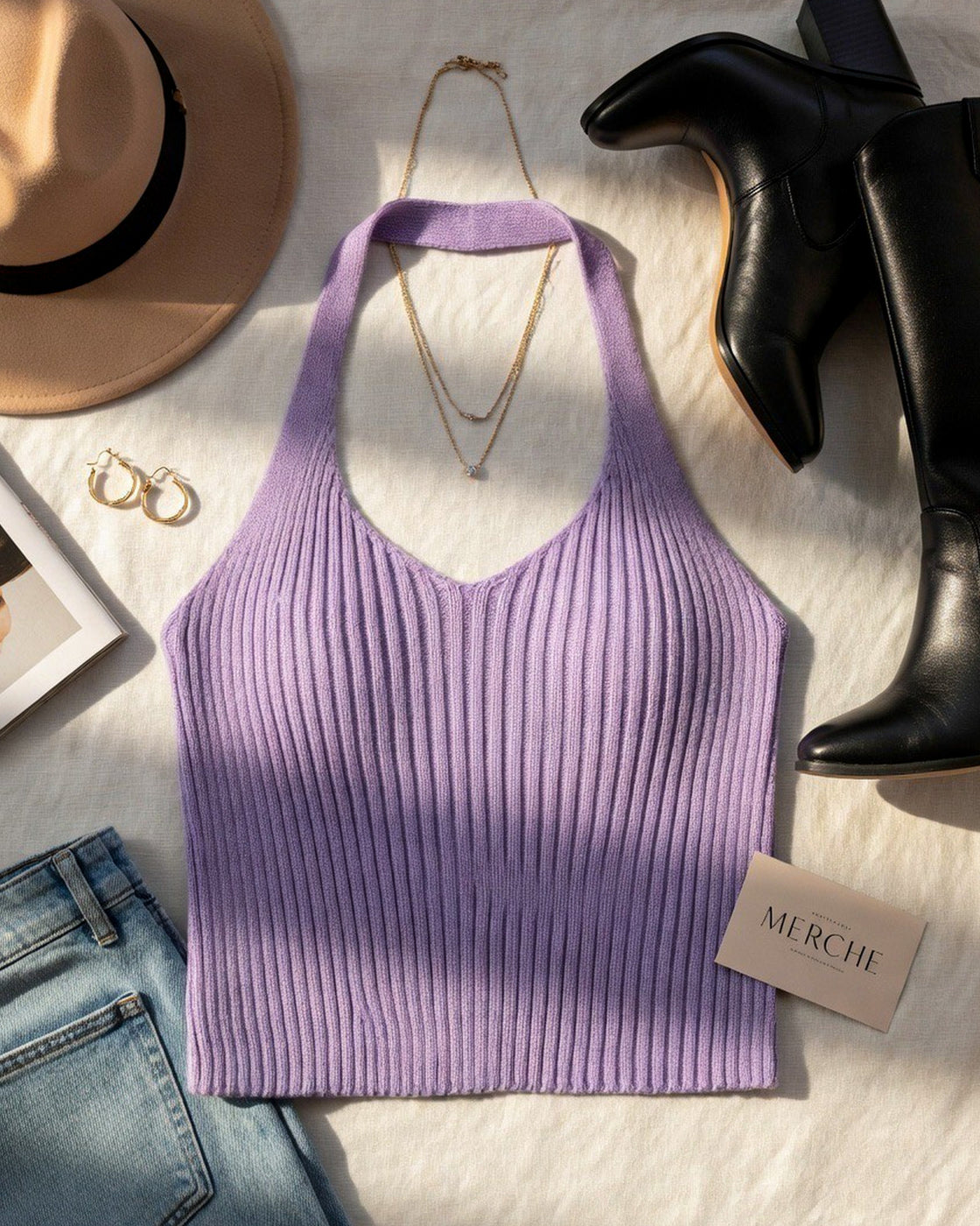 CAFE AND SUNDOWNER KNITTED LILAC HALTERNECK TOP