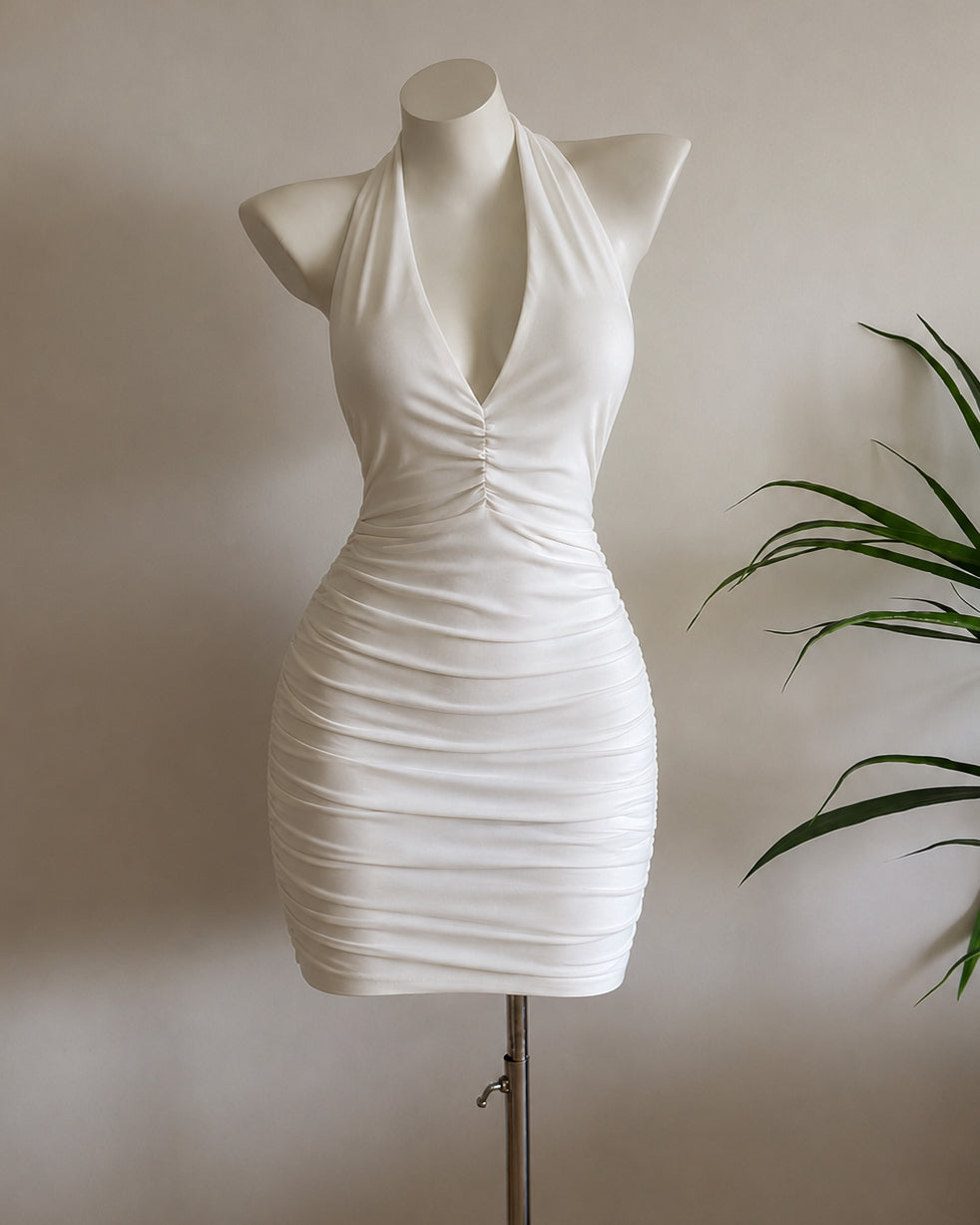 ACTUALLY ROMANTIC RUCHED WHITE HALTERNECK DRESS