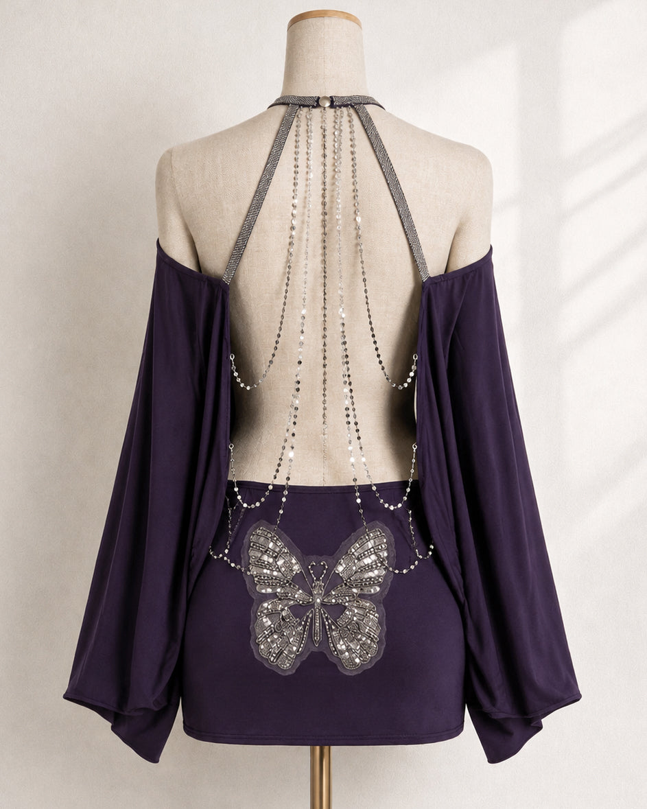 ICONS ONLY EMBELLISHED OPEN-BACK EMBROIDERED DEEP PLUM DRESS