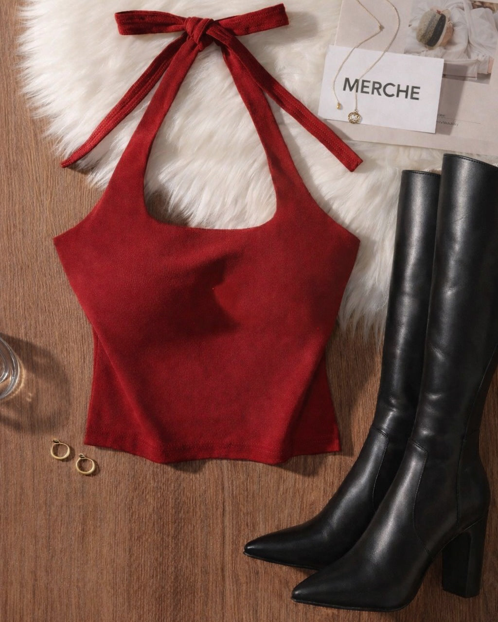 RICH AND FAMOUS PADDED LUXE RED HALTERNECK TOP