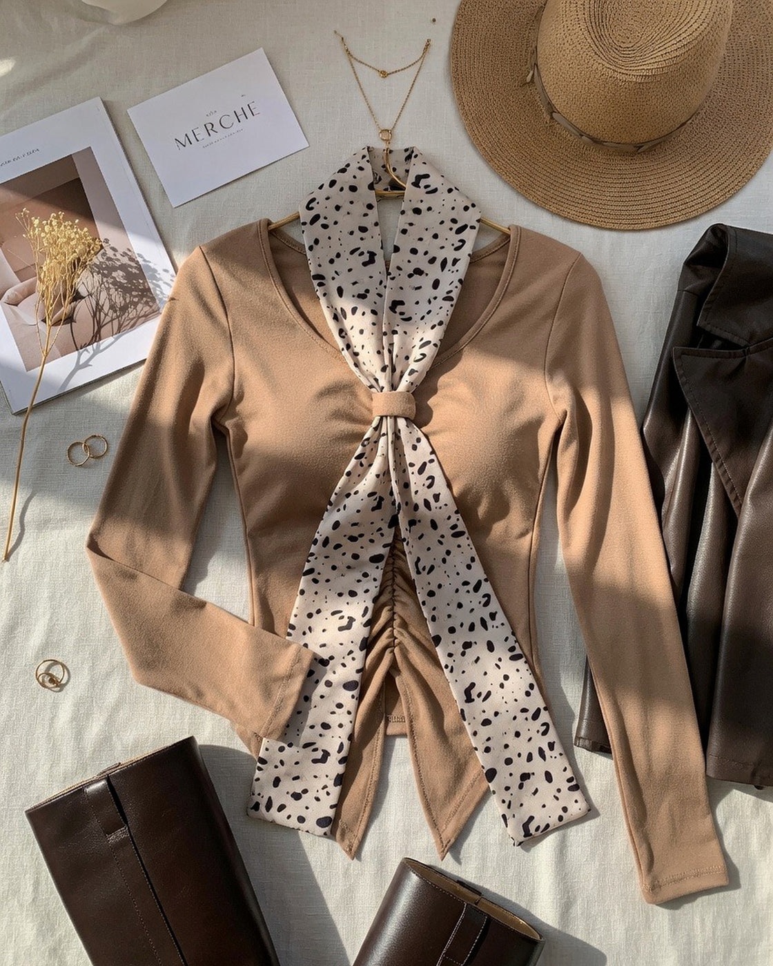 SLAY ERA PADDED SCARF DETAIL BROWN TOP