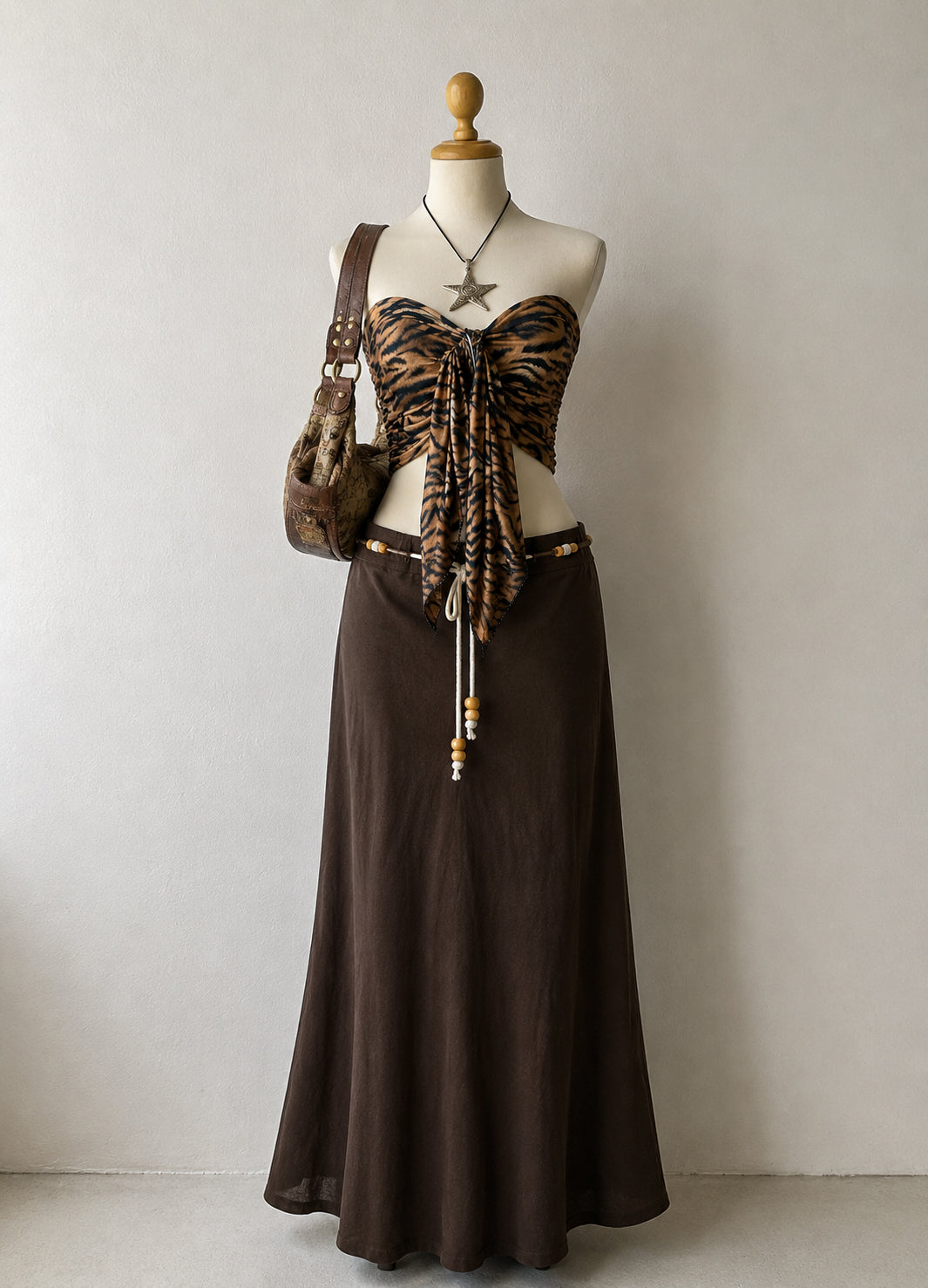 PARADISE BEACH BEADED LUXE BROWN MAXI SKIRT