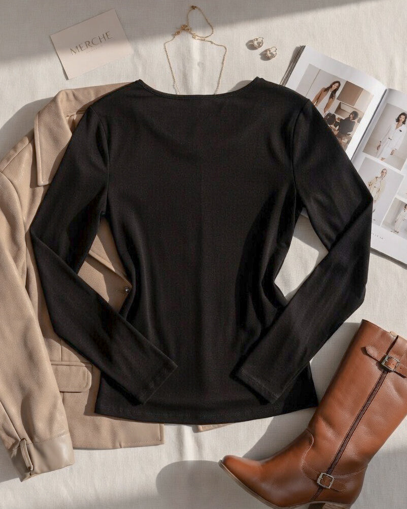 FROM A ROMCOM RHINESTONE EMBELLISHED BLACK LUXE TOP