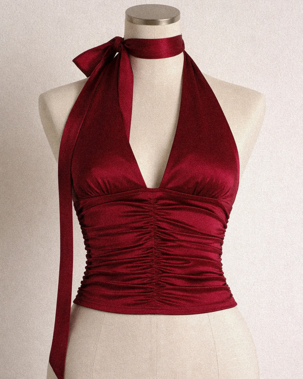 BULLETPROOF HEART SATIN LONG STRAPS RUCHED HALTERNECK TOP