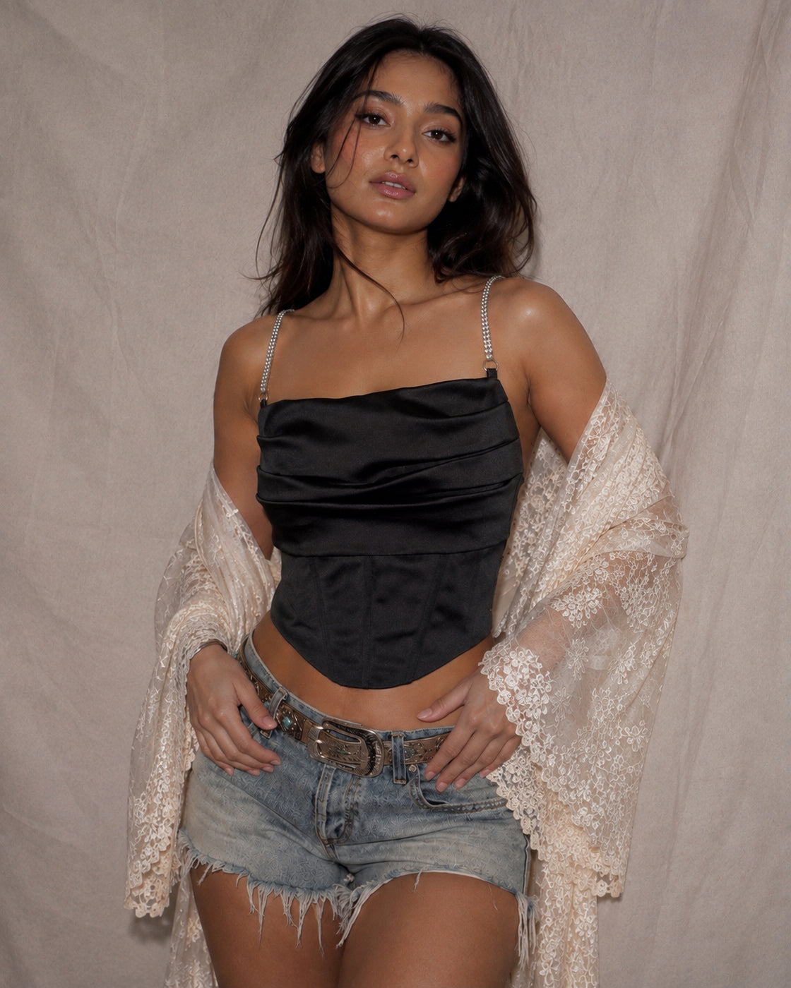 DINE AND DASH DIAMOND EMBELLISHED SATIN TOP