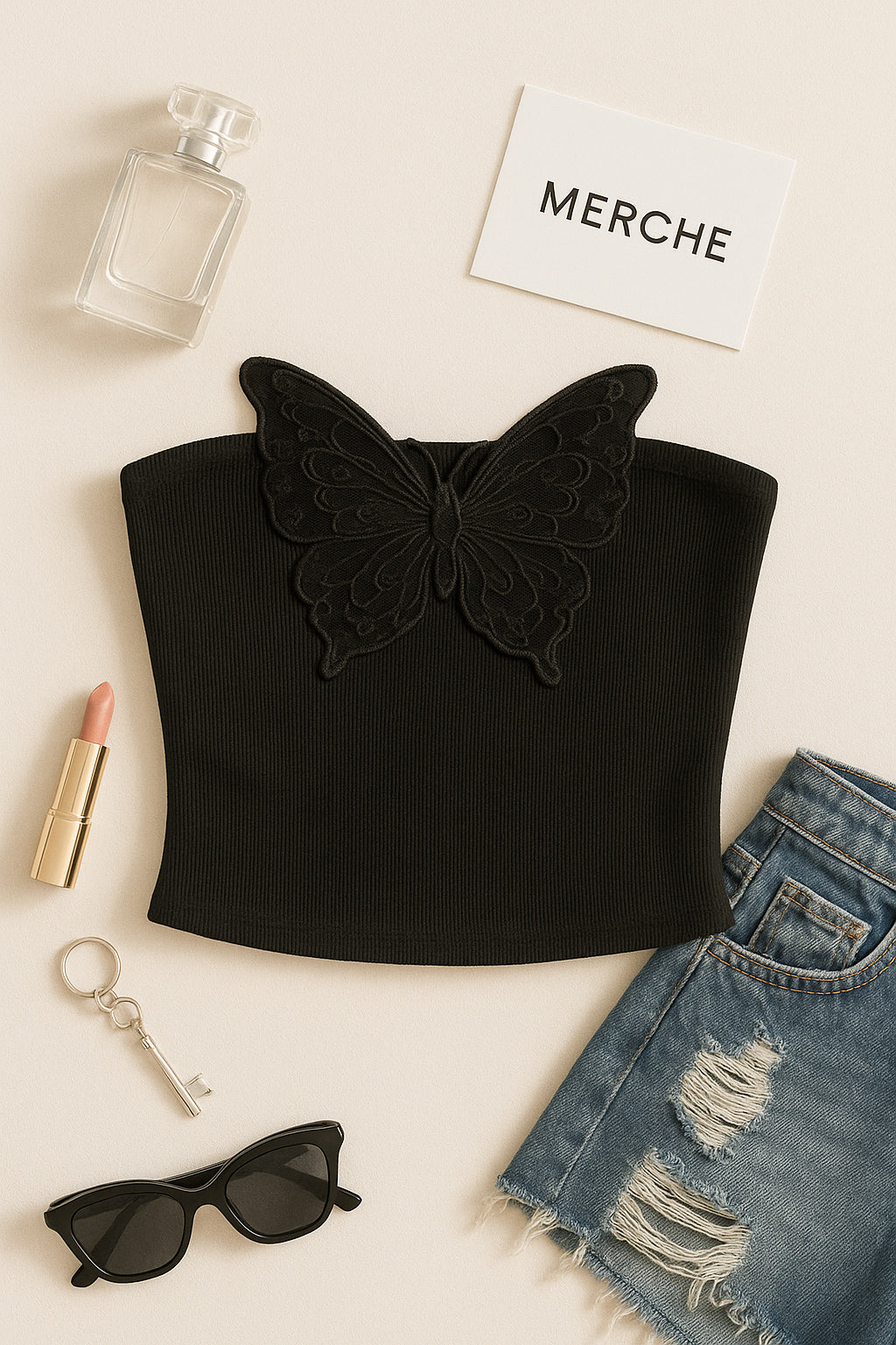 BLESSED LIFE APPLIQUE BLACK BANDEAU TOP
