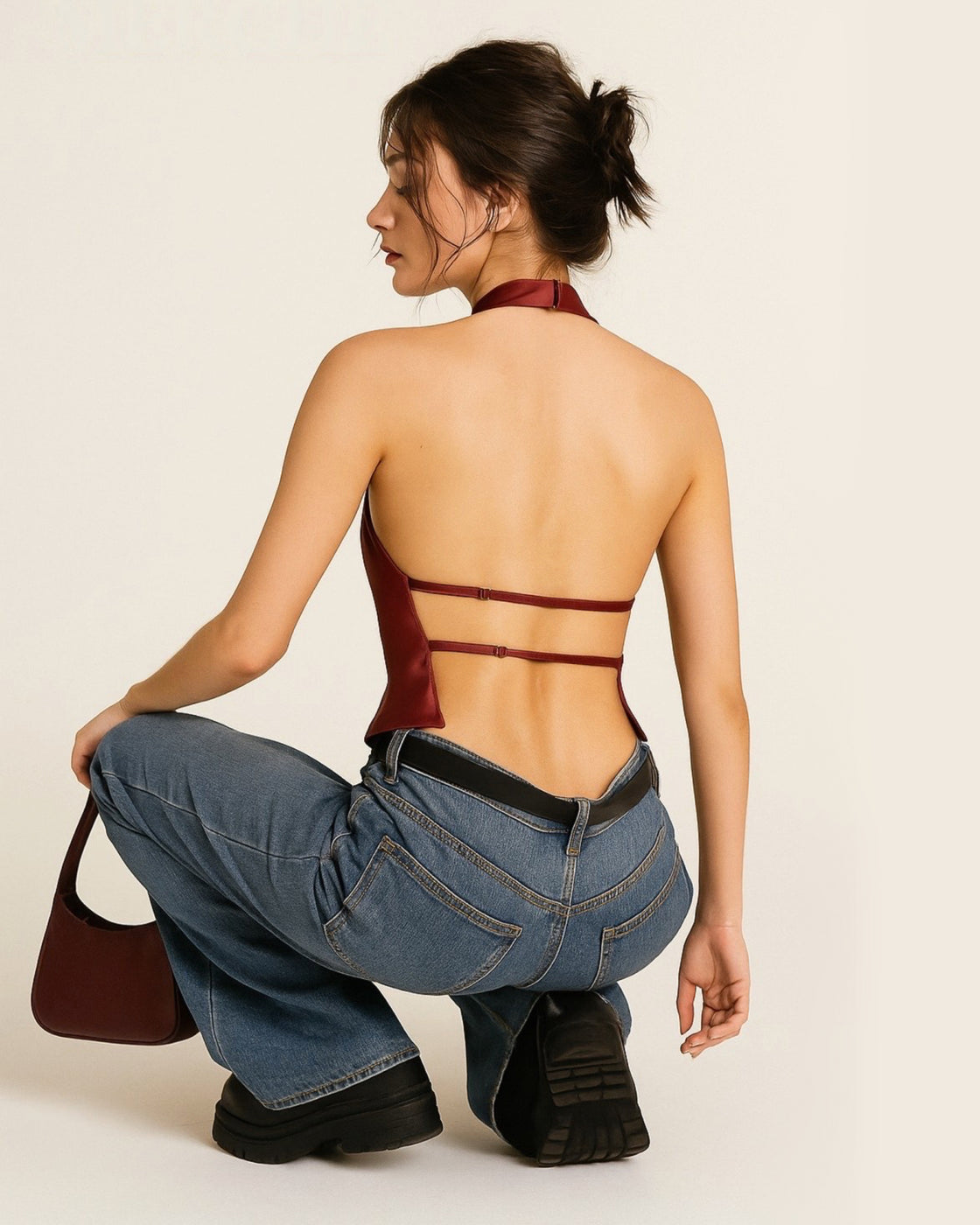 WHISPER NOTES BACKLESS COWL LUXE SATIN TOP