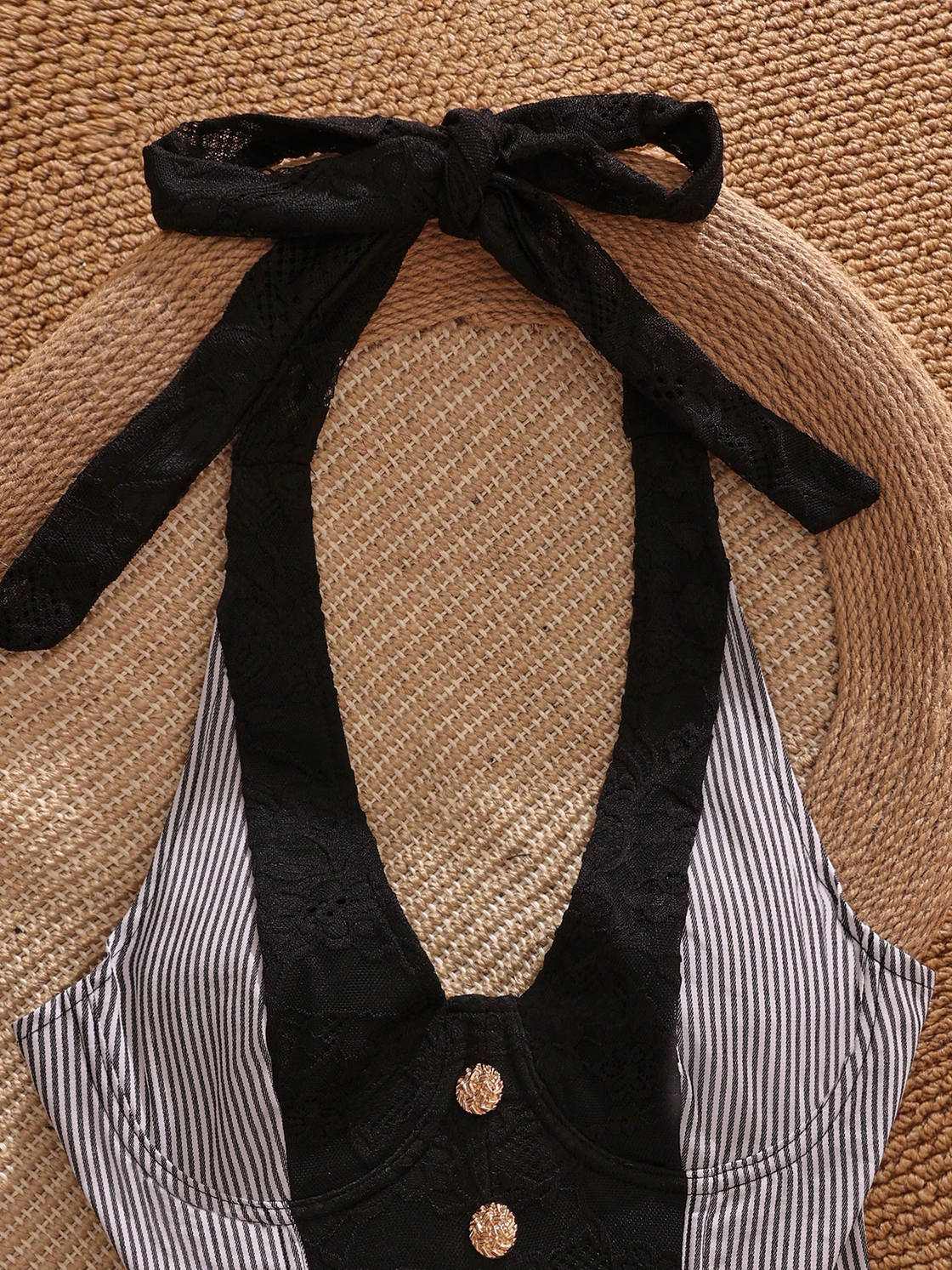 FAN CLUB LACE AND STRIPES CORSETED HALTERNECK TOP