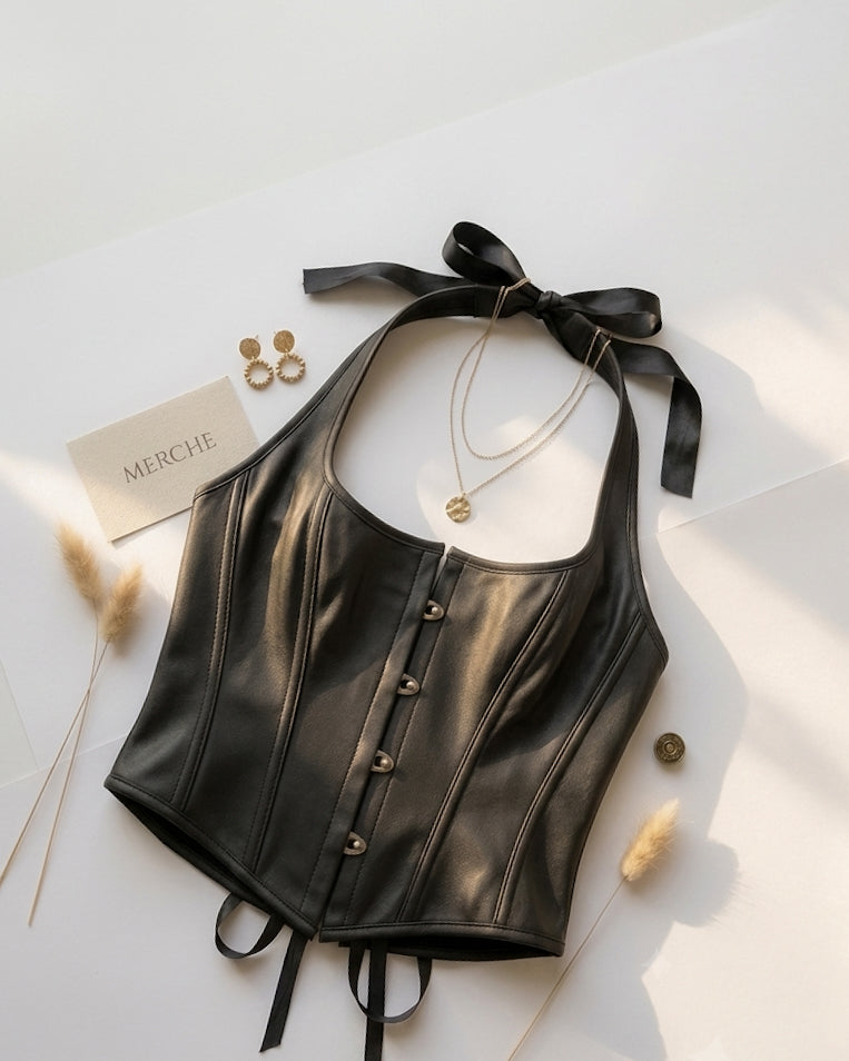 BAY OF GLAM BONING DETAIL CORSETED HALTERNECK TOP