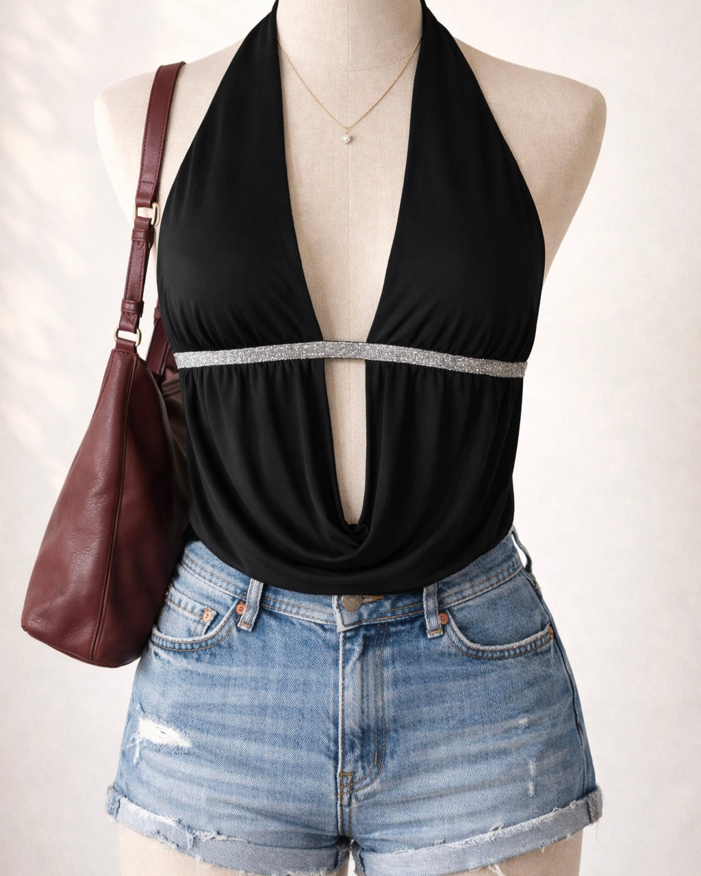 VIRAL MOMENT BACKLESS COWL SILVER STRAP HALTERNECK TOP