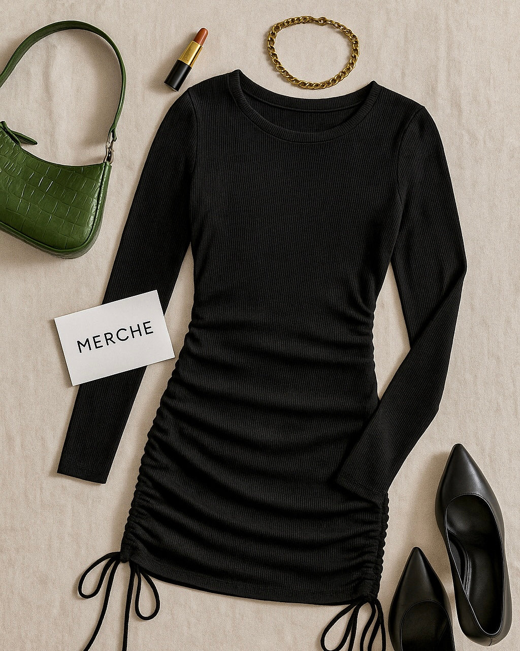THERE SHE GOES RIBBED DRAWSTRING BLACK DRESS