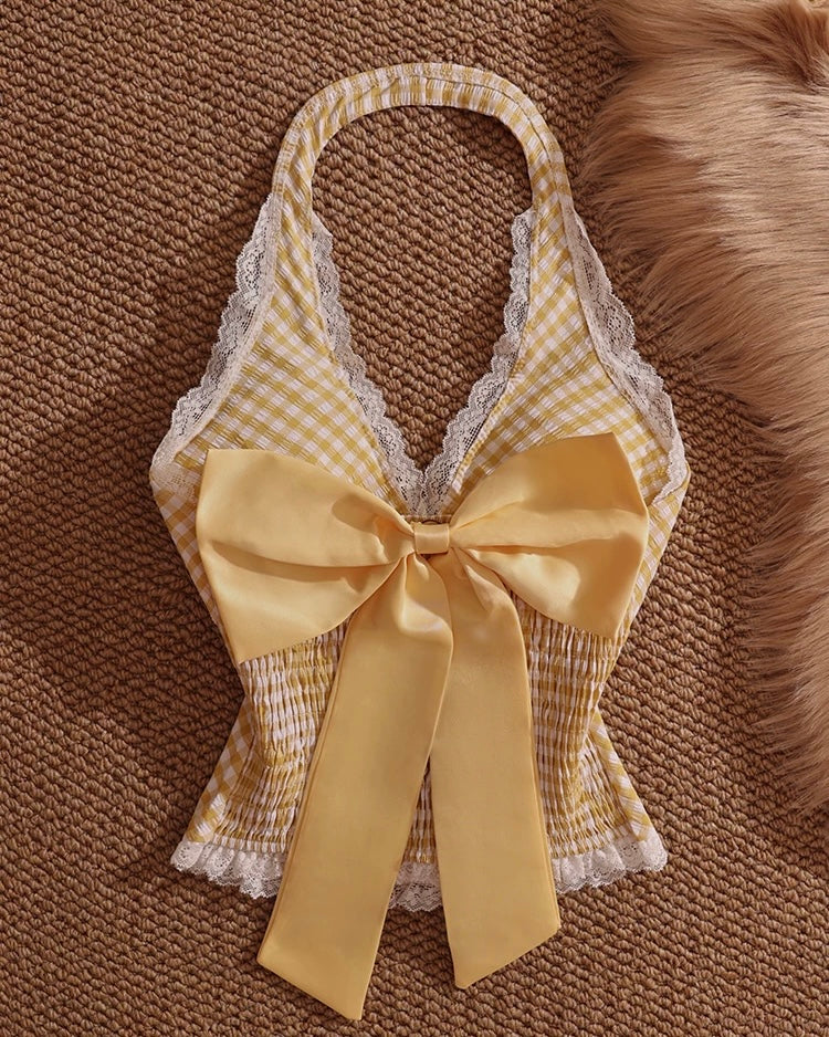 BEIGE NINETEEN BOW BACK CHECKS YELLOW HALTERNECK TOP