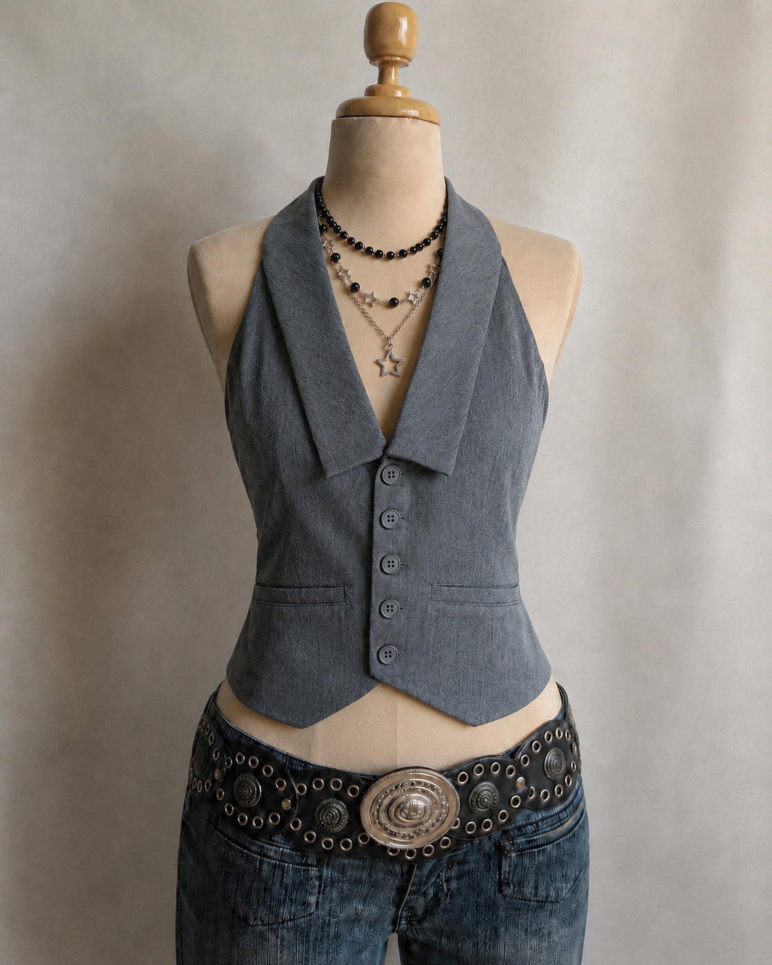FAST LIFE OPEN-BACK GREY WAISTCOAT TOP