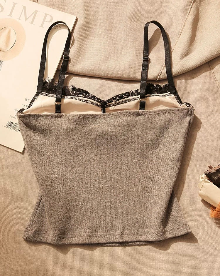 HEY LOOKER LACE TRIM GREY LUXE CAMI TOP