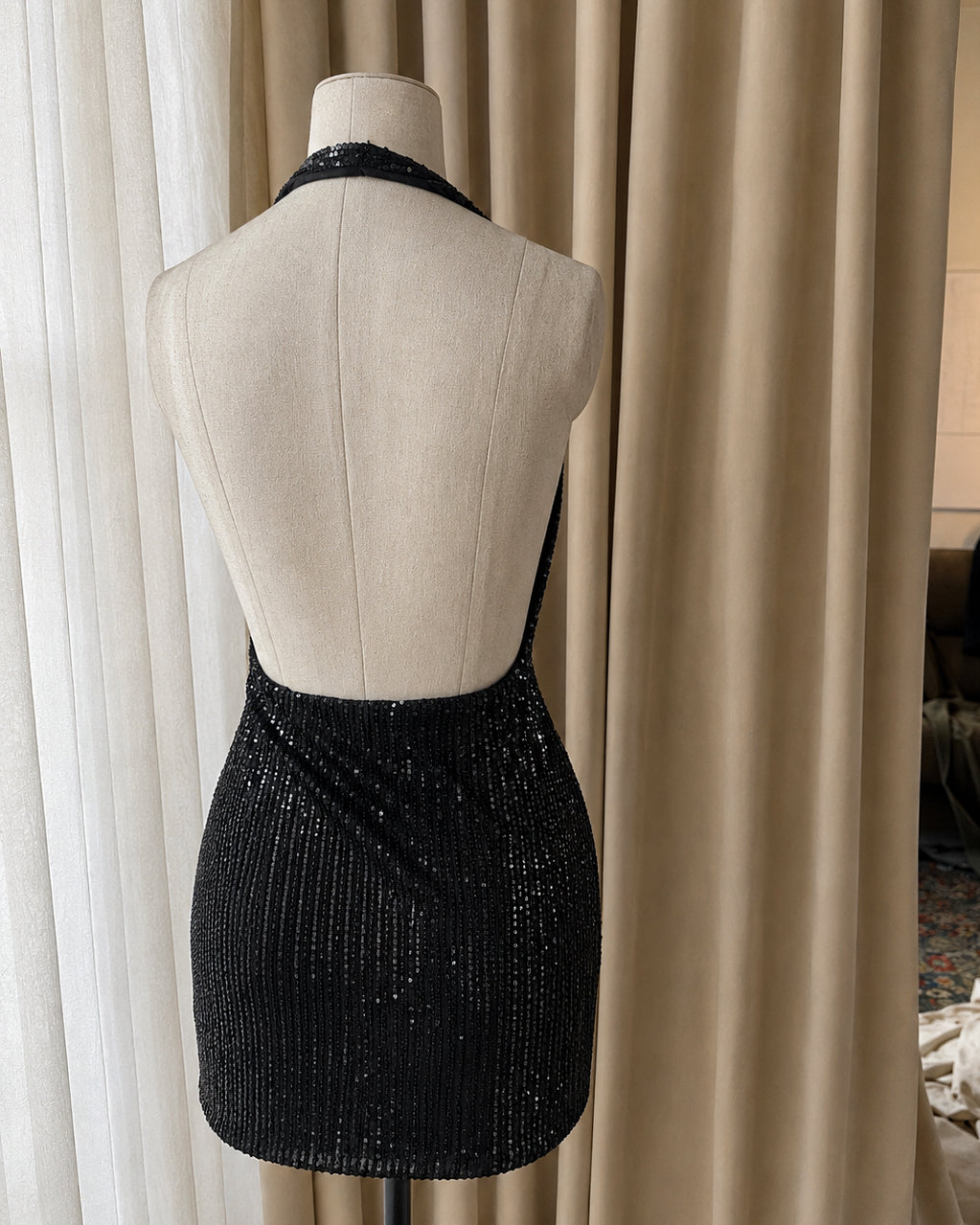 LOST IN YOUR EYES SEQUIN EMBELLISHED HALTETNECK DRESS