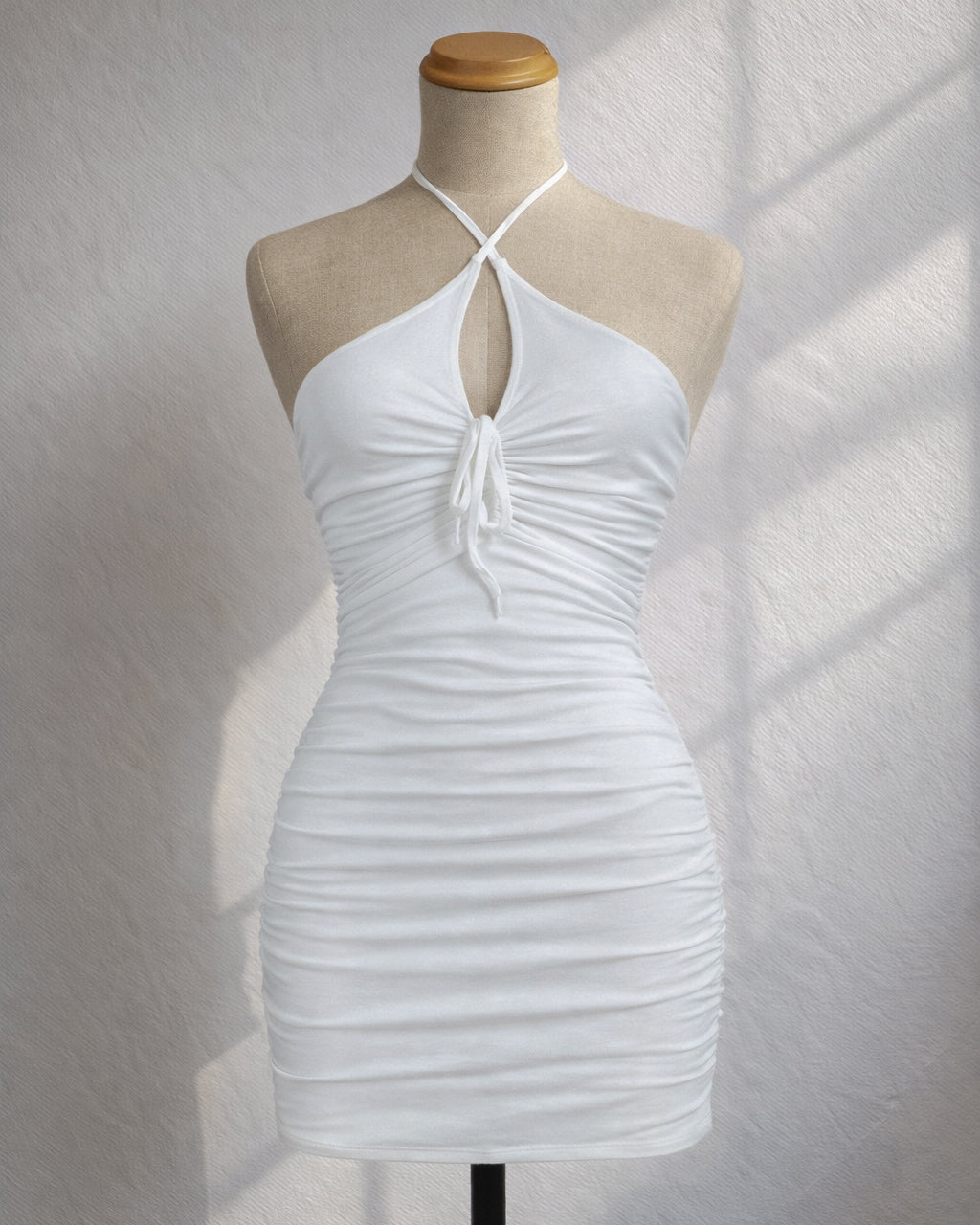 DRINKS ON ME WHITE RUCHED HALTERNECK DRESS