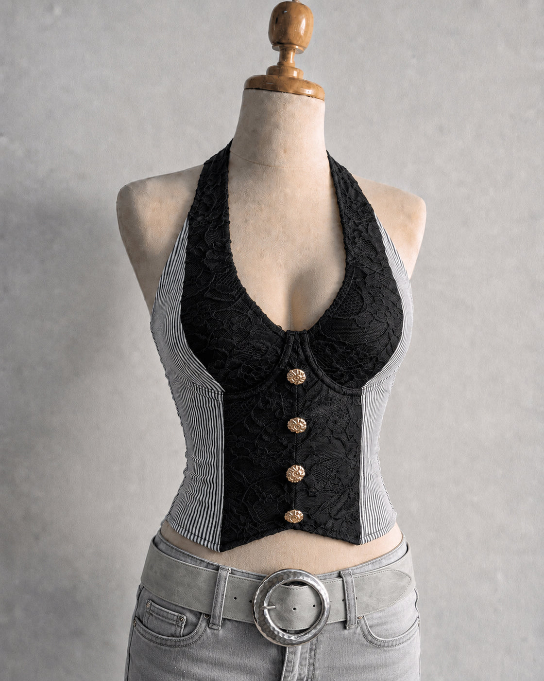 FAN CLUB LACE AND STRIPES CORSETED HALTERNECK TOP