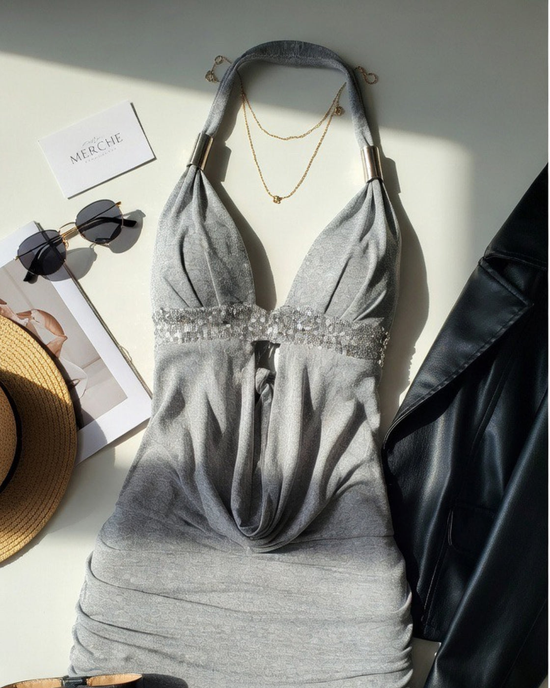 SHE’S A LEGEND SEQUIN DETAIL GREY BACKLESS HALTERNECK DRESS