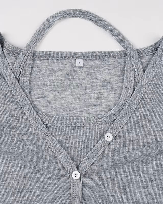 FAITHFULLY YOURS LAYERED GREY BUTTONED-UP TOP