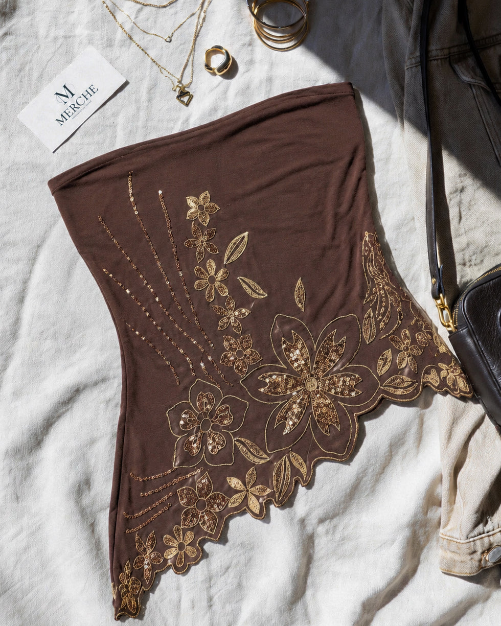 SECRETS OUT ASYMMETRICAL EMBROIDERED BANDEAU TOP