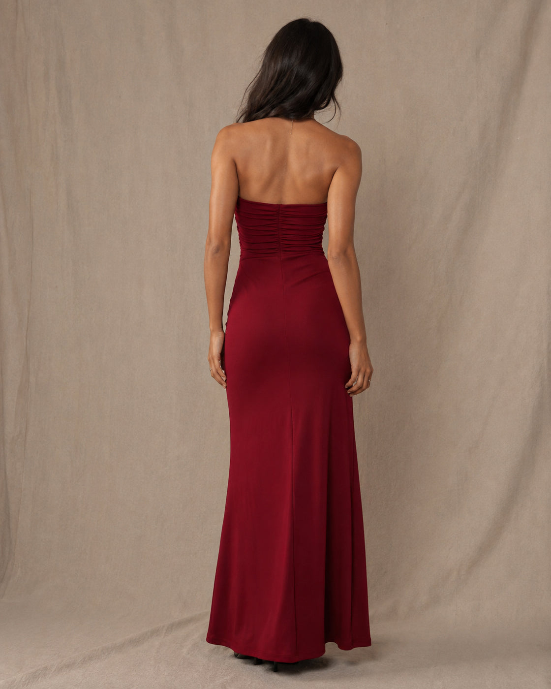 BLOOD MOON LUXE RED STRAPLESS MAXI DRESS