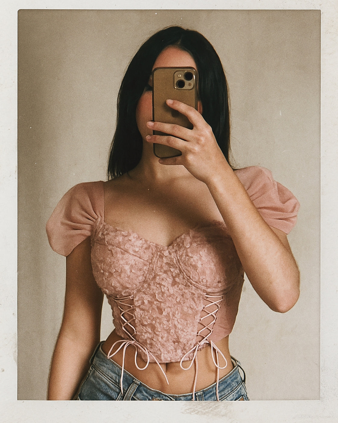 SUGARPLUM APPLIQUE PEACH MESH TOP