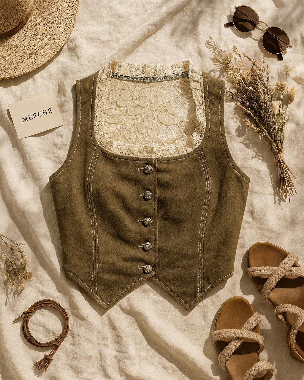 TEXAS QUEEN DENIM LACEY VEST TOP