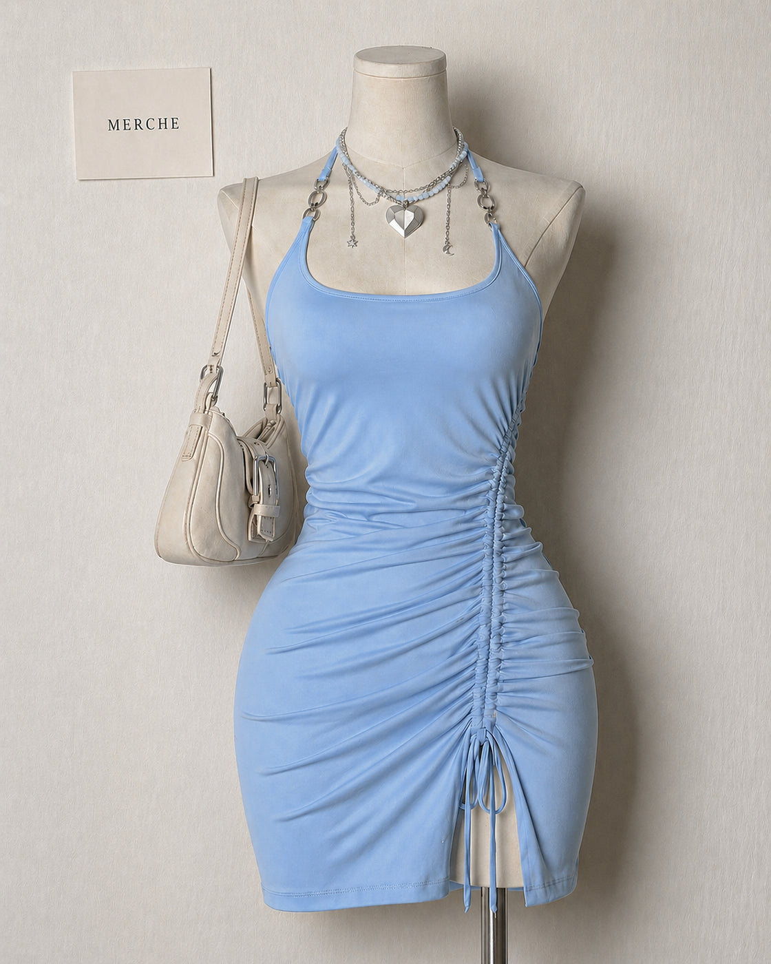 PLOT TWIST DRAWSTRING ICE BLUE HALTERNECK DRESS