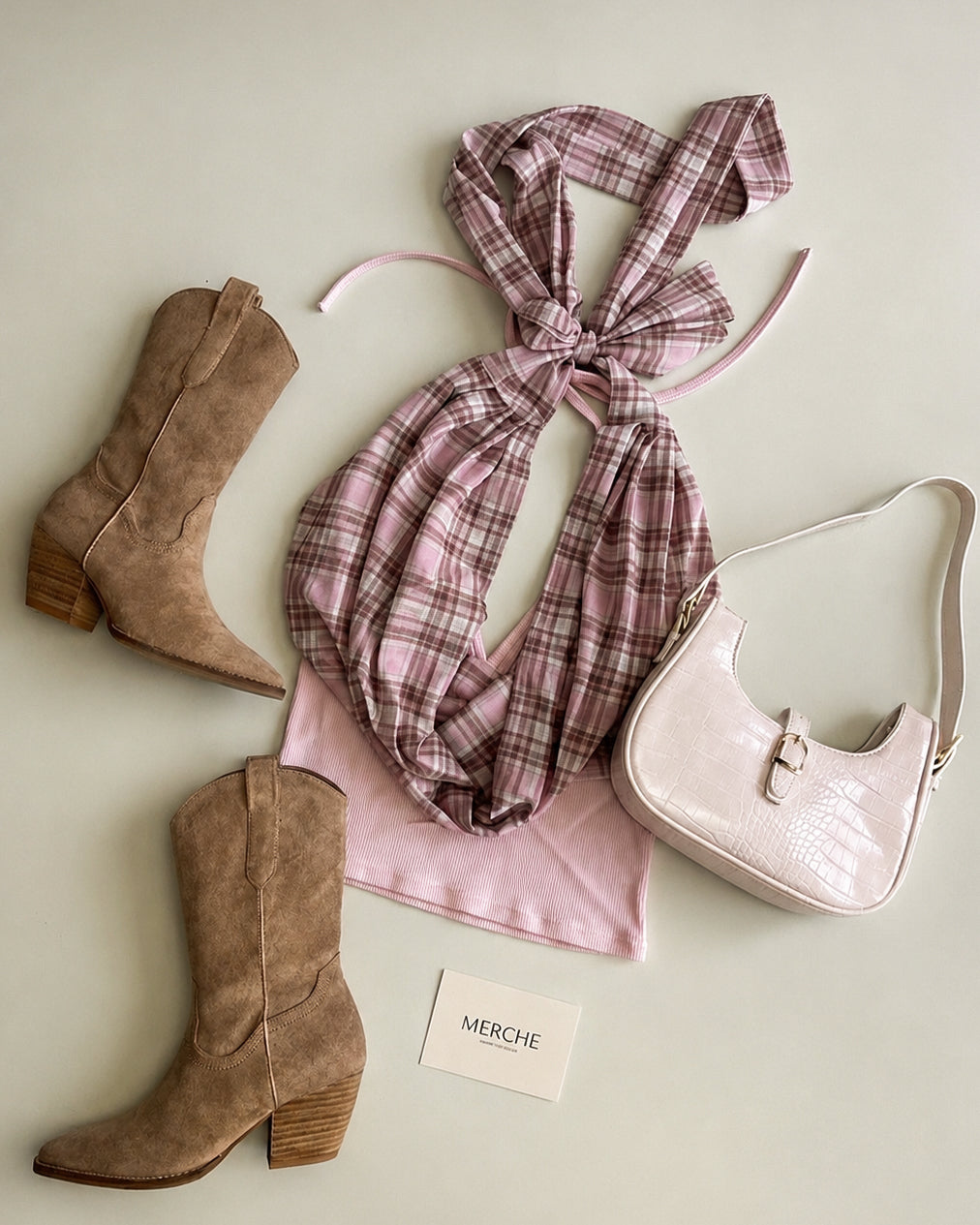 PLAID YOUR CARD PADDED PINK COWL BOW-TIE HALTERNECK TOP