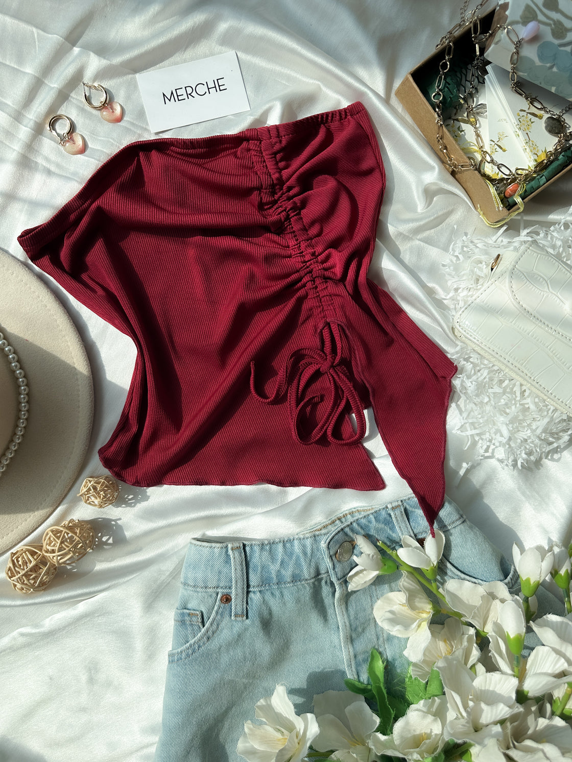 URBAN PRINCESS MAROON DRAWSTRING BANDEAU TOP