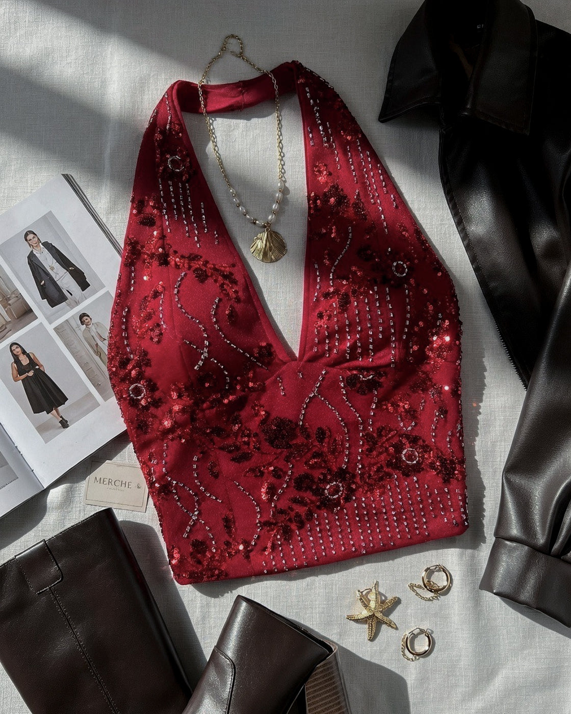 FUEL MY SASS EMBROIDERED DEEP RED HALTERNECK TOP