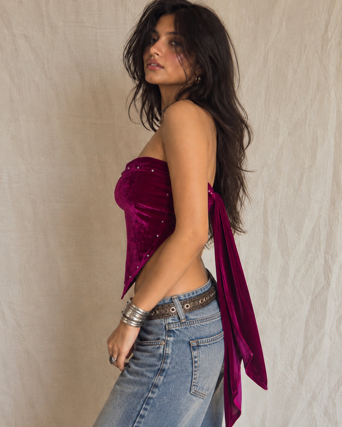 HIGH STAKES RHINESTONE EMBELLISHED VELOUR SCARF TOP